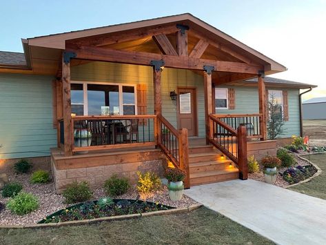 Cedar Porch, Manufactured Home Porch, Mobile Home Front Porch, Mobile Home Exteriors, Mobile Home Makeover, Mobile Home Renovations, Manufactured Home Remodel, House Front Porch, Porch Remodel