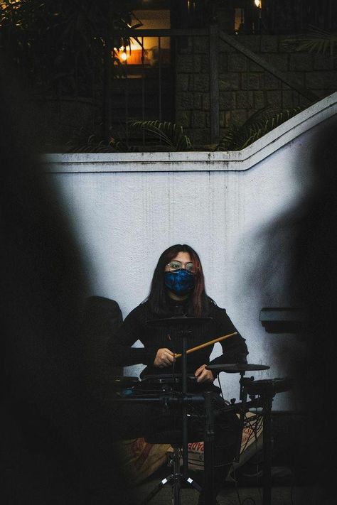 Busking Aesthetic, Drums Aesthetic, Drummer Girl, Red Streaks, Electronic Drums, Punk Girl, Hair Red, Black Turtleneck, Red Hair