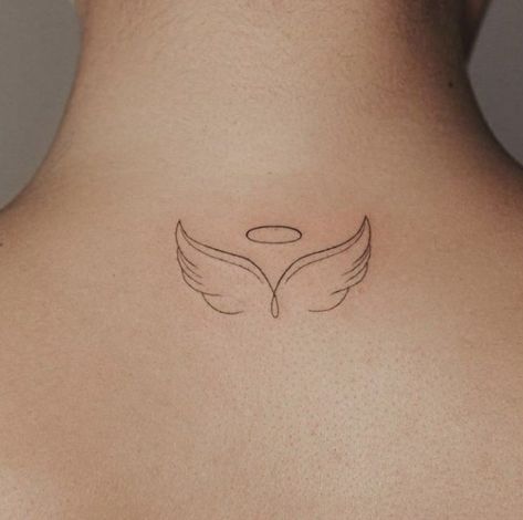 Angel Wing Ear Tattoo, Angel Wing And Halo Tattoo, Angel Wings With Halo Tattoo, Angel Wings And Halo Tattoo, Angel Halo Tattoo, Wings And Halo Tattoo, Fine Line Angel Wings Tattoo, Halo Tattoo Ideas, Angle Wing Tattoos