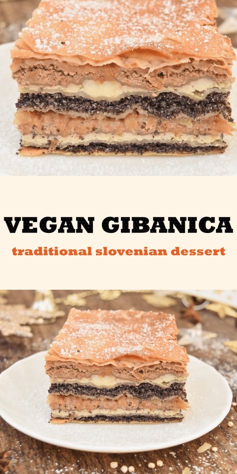 Prekmurska gibanica is culinary specialty that will amaze you with it’s look and especially with all amazing flavours. It is an explosion of taste, combining 4 amazing different fillings: poppyseeds, lemon tofu cream, walnut cream and apple filling. Prekmurska Gibanica, Lemon Tofu, Tofu Cream, Vegan Bars, Slovenian Food, Walnut Cream, Plantbased Recipes, Easy Gluten Free Desserts, Vegan Bar