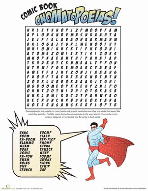 An onomatopoeia is a word that imitates the sound it's describing. Search through this word search to find each comic book onomatopoeia! Onomatopoeia Comic, Onomatopoeia Activities, Superhero Classroom Theme, Poetry Unit, Superhero Classroom, Teaching Poetry, Poetry For Kids, Poetry Ideas, 2nd Grade Reading