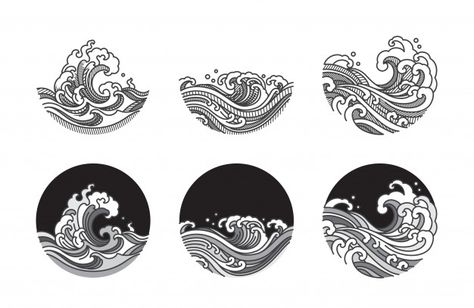 Water wave line art illustration set | Premium Vector #Freepik #vector #food #water #circle #restaurant Wave Line Art, Japanese Wave Tattoos, Japanese Drawing, Art Vector Illustration, Arte Doodle, Water Tattoo, Designer Branding, Line Art Illustration, Waves Line