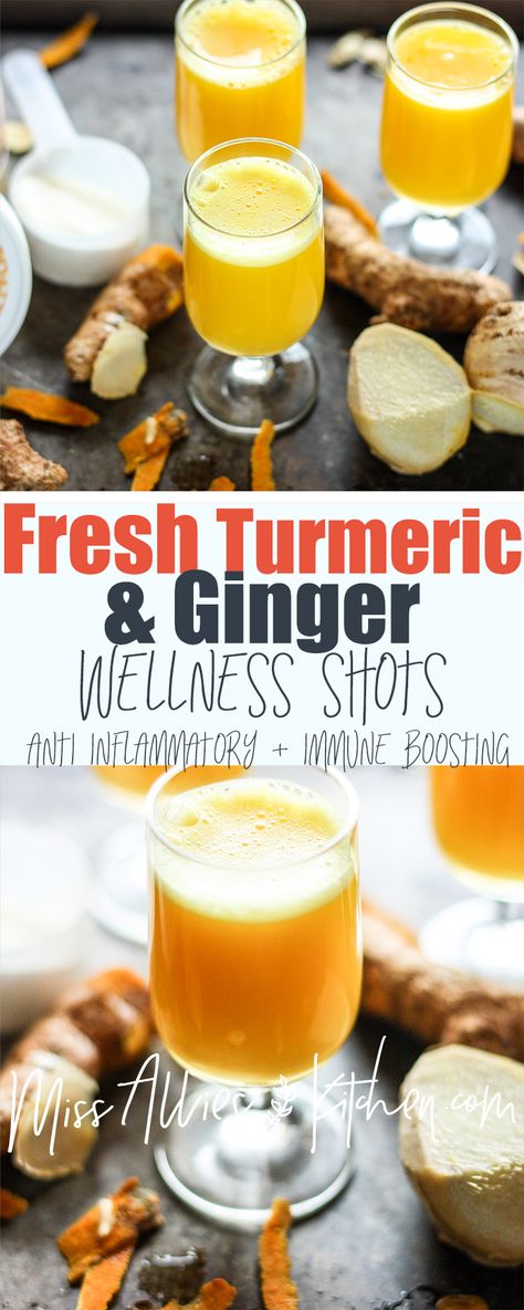 Fresh Turmeric and Ginger Collagen Wellness Shots - Miss Allie's Kitchen Turmeric And Ginger, Turmeric Shots, Healthy Nutrition Plan, Turmeric Recipes, Ginger Shot, Wellness Shots, Fresh Turmeric, Ginger Juice, Shot Recipes