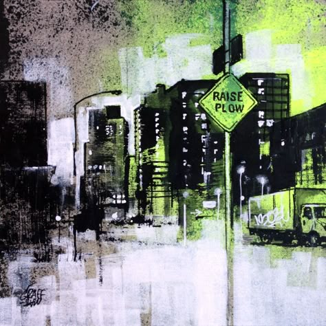 Artist : GRAFFMATT  Title : Raise Plow  #painting #newyork #city #night #street #art #fluo #yellow #fluorescent #light #nyc #traffic #painting #drawing #contemporaryart Laura Oldfield, Traffic Painting, Urban Concept, Industrial Paintings, Urban Painting, Art Alevel, Night Street, Event Poster Design, City Night