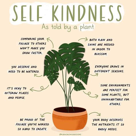 RadicalChildDesigns on Instagram: “Self Kindness as told by a Monstera plant!  I did a poll this week asking what you’ve been struggling with more lately; self kindness or…” Self Kindness, Habit Ideas, Let It Grow, Mental Health Activities, Positive Quotes For Women, Therapy Quotes, Receding Gums, Plant Therapy, Monstera Plant