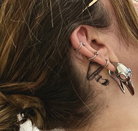 Mushroom Tattoo Behind Ear, Behind The Ear Mushroom Tattoo, Mushroom Ear Tattoo, Orion Tattoo, Ear Mushroom, Whimsical Tattoos, Mushroom Tattoo, Boho Tattoos, Mushroom Tattoos