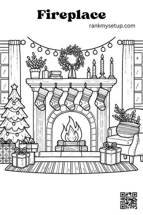 Cozy Christmas Fireplace Coloring Page for Kids Fireplace Coloring Page, Improve Sketching, Christmas Tree For Bedroom, Cozy Christmas Fireplace, Tattoo Coloring Pages, Simple Outlines, Thanksgiving Coloring Book, World Of Printables, Cozy Workspace