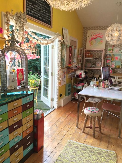 Whimsical Boho Beachy Home: Jenny Sweeney - Hello Lovely Boho Art Studio Inspiration, Art Studio Cottage, Creative Spaces Studio Inspiration, Adorable Home Art Studio, Art Corner Bedroom Bohemian, Funky Art Studio, House With Art Studio, Art Studio At Home Inspiration, Dream Art Studio Big Windows