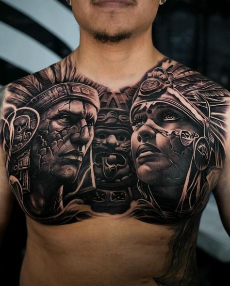 22 Chest Tattoos For Men That Are Cool & Empowering Aztec Neck Tattoo, Aztec Eagle Tattoo, Mandala Chest Tattoo, Owl Tattoo Chest, Chest Tattoos For Men, Aztec Warrior Tattoo, Azteca Tattoo, Painless Tattoo, Spiral Tattoos