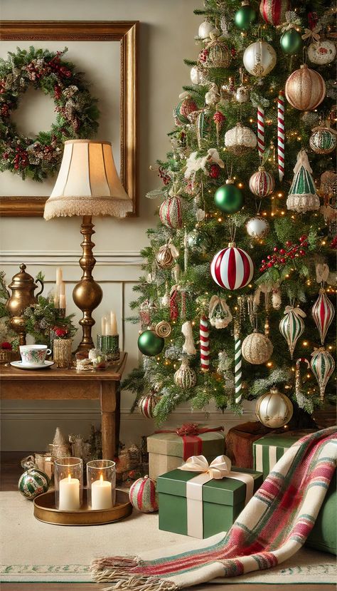 Holiday House Retro Christmas Tree Decorations, Vintage Christmas Inspiration, Christmas Tree Ideas 2024, 2024 Christmas Trends, Cozy Christmas Room, Traditional Christmas Tree Decorations, Cozy Christmas Home, Cozy Christmas Decor, Classic Christmas Tree