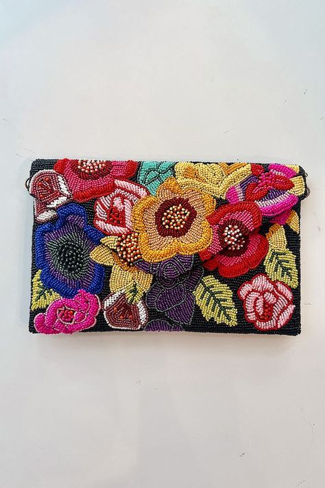 Bright Flower Beaded Clutch - ONE SIZE / MULTI #BeadingPatterns #SeedBeadPattern #SeedBeadPatternsAnimals #SeedBeadPatternsFlower Mary Poppins Bag, Poppins Bag, Crochet Clutch Bags, Diy Crochet Bag, Seed Bead Pattern, Embroidered Handbag, Embellished Bags, Handmade Inspiration, Bead Embroidery Patterns