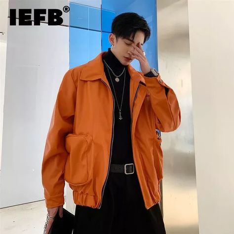 Orange Leather Jacket, Preppy Aesthetic Outfits, Short Coats, Orange Jacket, Orange Outfit, Pu Leather Jacket, Lapel Jacket, Retro Shorts, Orange Leather