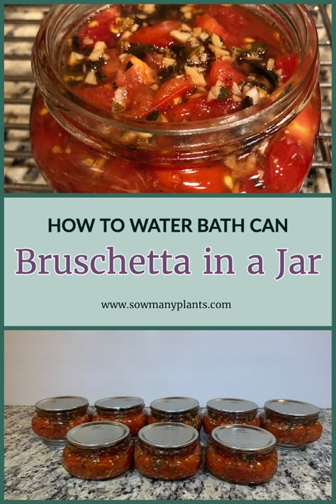 Canning Bruschetta, Bruschetta In A Jar, Canning Tomatoes Water Bath, Canning Water, Canning Tomatoes Recipes, Water Bath Canning Recipes, Homemade Bruschetta, Simple Appetizer, Home Canning Recipes