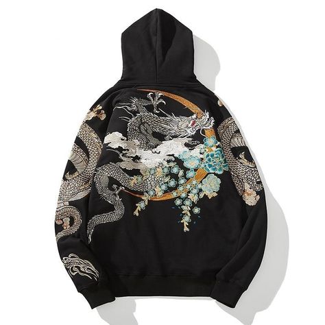 Chinese Dragon Embroidery, Dragon Embroidery, Hip Hop Hoodies, Estilo Harajuku, Dragon Hoodie, Kimono Yukata, Pullover Mode, Vintage Dragon, Embroidery Hoodie