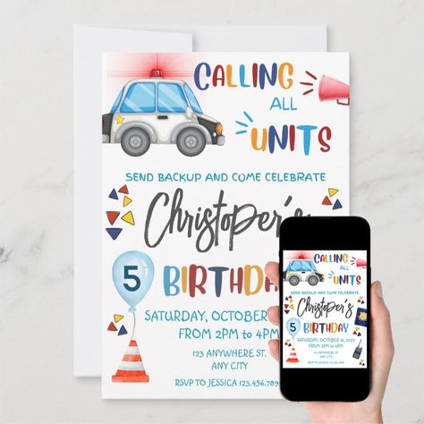 Police Invitation, Police Birthday Party, Police Birthday, Surprise Party, Post Cards, 5th Birthday, Cupcake Toppers, Photo Collage, Birthday Invitations