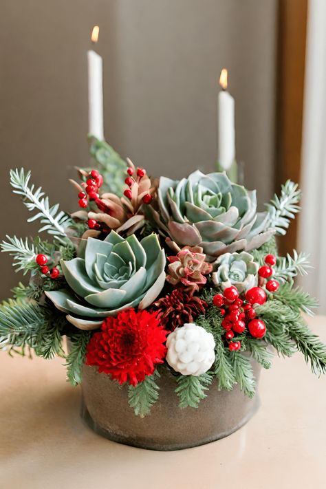 9 Christmas Succulent Ideas for the Holiday Season - Blooming Anomaly Succulent Christmas Centerpiece, Succulent Xmas Tree, Succulent Tree Christmas, Christmas Floral Decorations, Christmas Plant Arrangements, Holiday Workshop Ideas, Fall Succulent Arrangements, Holiday Arrangements Christmas, Christmas Floristry Ideas