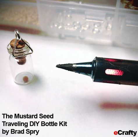 The Mustard Seed ~ A traveling DIY pendant kit for a traveling ministry - idea and photos sent in to us by Brad Spry in NC.  Thank you for sharing your project with us Brad! Find Mini bottle supplies at www.eCrafty.com #eCrafty @KD Eustaquio at eCrafty.com http://www.ecrafty.com/c-517-mini-glass-bottles.aspx. Mustard Seed Jewelry, Mustard Seed Necklace, Activity Day Girls, Mini Bottle, Bottle Pendant, Beading Crafts, Bottle Charms, Do It Yourself Crafts, Bottle Necklace