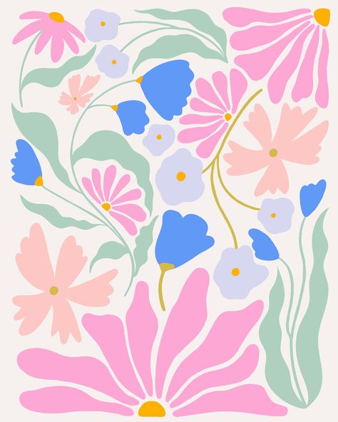 A flowy floral digitial illustration. Drawn in Procreate on the iPad pro. Floral Graphic Design Illustration, Repeating Floral Pattern, Groovy Flower Pattern, Simple Floral Illustrations, Abstract Flower Illustration, Flower Illustration Aesthetic, Floral Wall Mural Painting, Flower Drawing Background, Flowers Pattern Illustration