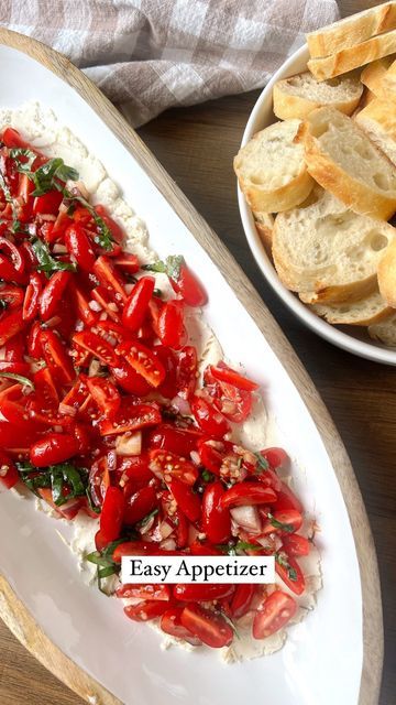 Becca | TeacherTastes on Instagram: "Easy Appetizer Dip  - 2 Garlic Boursin Cheeses - 1 baguette, cut into slices  Topping: - 1 1/2 cups cherry tomatoes, cut into quarters  -1/4 cup fresh basil, chopped -3 tbsp red onion, diced - 2 tsp minced garlic -Salt + Pepper - 2 tbsp balsamic glaze -2 tbsp olive oil  1. Mash room temp Boursin into the bottom of a serving dish 2. Mix together ingredients for topping on in a bowl and stir  3. Place on top of Boursin cheese and serve with baguette!" Boursin Cheese Appetizers, Boursin Appetizers, Cherry Tomato Appetizers, Boursin Cheese Recipes, Tomato Appetizers, Wine Appetizers, Appetizers Easy Dips, Cheese Recipes Appetizers, Boursin Cheese