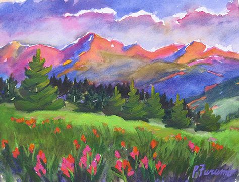 Pamfurumo.com Alpine Glow - Indian Paintbrushes Beginners Canvas Painting, Fence Painting, Colorado Landscape, Summer Meadow, Colorado Artists, Canvas Drawings, Watercolor Mountains, Landscape Art Painting, Painting Inspo