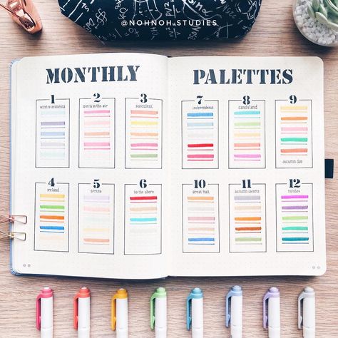 Kalon「stationery & bujo」 on Instagram: “Monthly color palettes 🎨 spread! I had a lot of fun choosing a color theme for each month of 2019, my favorite is January & August colors.…” Notes Supplies, Pen Swatches, Books Journal, Random Prints, August Colors, Weekly Log, Tea Aesthetic, Organization Bullet Journal, Zebra Mildliner