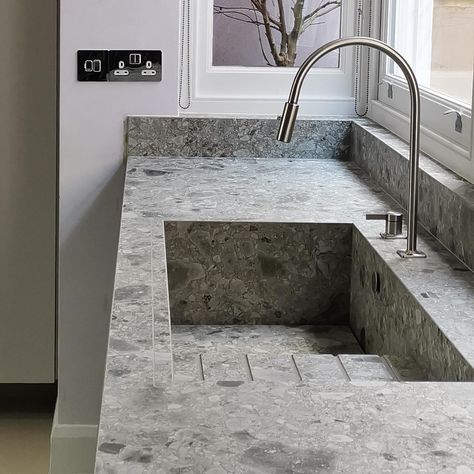 Bespoke Ocean Stone porcelain sink designed with recessed groove drainers to achieve seamless design. Integrated Stone Kitchen Sink, Porcelain Sink, Stone Kitchen, Stone Sink, Sink Design, Modern Beach, Beach Style, Kitchen Sink, Bespoke