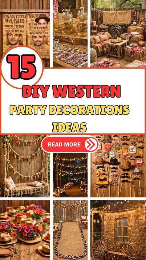 "Looking for western party decor inspiration? These 15 DIY ideas are perfect for adding a rustic touch to your event. Learn how to make mason jar lanterns, burlap table runners, and more. Pin now for stunning party decor!" Rustic Western Party Decor, Diy Western Party Decorations, Adult Western Party, Western Theme Party For Adults, Western Party Theme, Western Party Centerpieces, Rodeo Party Decorations, Country Theme Party, Country Party Decorations