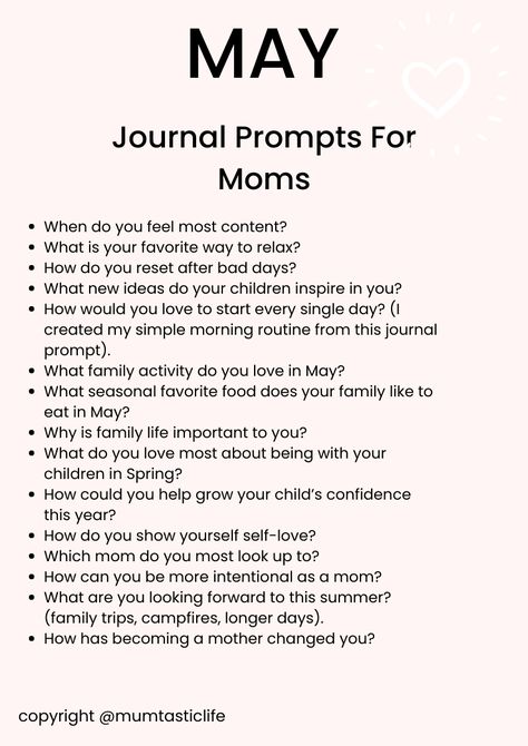 May Journal Prompts for Moms. Get these (plus another 60 more May prompts) in my latest blog post! Happy writing. Motherhood Journal Prompts, Postpartum Journal Prompts, Journal Prompts For Moms, Pregnancy Journal Prompts, Mom Journaling, May Prompts, May Journal Prompts, Mom Journal Prompts, Growth Prompts