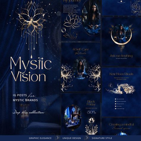 Mystic and witchy Instagram post templates featuring navy blue, gold, and astrology. Perfect for promoting your business, services, or products in a magical and stylish #Navy_Blue_Business_Card #Astrology_Color_Palette #Astrology_Graphic_Design #Graphic_Design_Instagram_Feed Astrology Color Palette, Fantasy Vibes, Spiritual Design, Medium Readings, Reading Tarot, New Moon Rituals, Tarot Astrology, Social Post, Ig Feed