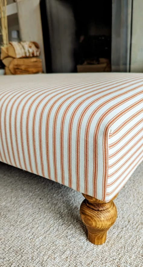 Upholstered Coffee Table Footstool Rectanglar in Ticking - Etsy UK Ticking Stripe Ottoman, Diy Upholstered Coffee Table, Upholstered Coffee Table Ottoman, Fabric Ottoman Coffee Table, Livibg Room, House Wilson, Padded Coffee Table, Upholstered Ottoman Coffee Table, Striped Ottoman