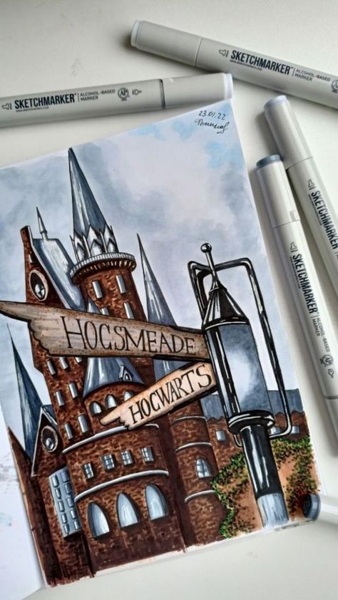 Harry Potter Related Paintings, Harry Potter Colored Pencil Drawings, Harry Potter Marker Art, Sketch Harry Potter, Harry Potter Art Painting, Harry Potter Drawing Ideas, Harry Potter Drawing, Harry Potter Sketch, Harry Potter Castle