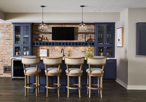 Industrial Style Home Basement Bar with stunning navy blue cabinets and Chicago Brick! Brick wall, rustic, hale navy, bar stool, game room, rec room, #halenavy #blue #woodfloor #edesign #onlinedesigner #basementdesign #finishedbasementideas Best Neutral Paint Colors, Basement Lighting, Basement Bar Designs, Basement Kitchen, Small Basements, Waterproofing Basement, Home Bar Designs, Basement Bedrooms, Blue Cabinets