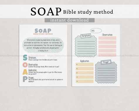 Colorful SOAP Bible Study Method, Bible Journaling Worksheets, Daily Devotional Notes, Bible Study Tools for Teens, Soap Printable Page Journaling Worksheets, Bible Study Methods Ideas, Devotional Notes, Notes Bible Study, Soap Bible Study Method, Bible Study Method, Notes Bible, Soap Bible Study, Bible Study Template