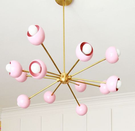 Spunik style chandelier in light pink and brass.  Perfect for baby girl nurseries, modern dining room, and more. Entry Dining Room, Sazerac, Deco Luminaire, Modern Mid Century, Ceiling Canopy, Sputnik Chandelier, Mid Century Design, Girl Room, Modern Lighting