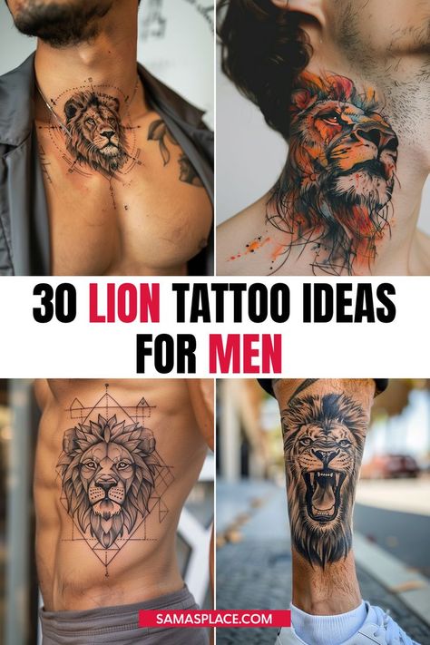 Lion tattoo ideas for men featuring symbols of courage, power, and regal leadership. Lion Tattoo Design Men, Lion Tattoo Designs For Men, Lion Spartan Tattoo, Lion Hip Tattoo, Lion Chest Tattoo Men, Angry Lion Tattoo Design, Lion Tattoo Hand, Lion Head Tattoo Design, Lion Skull Tattoo