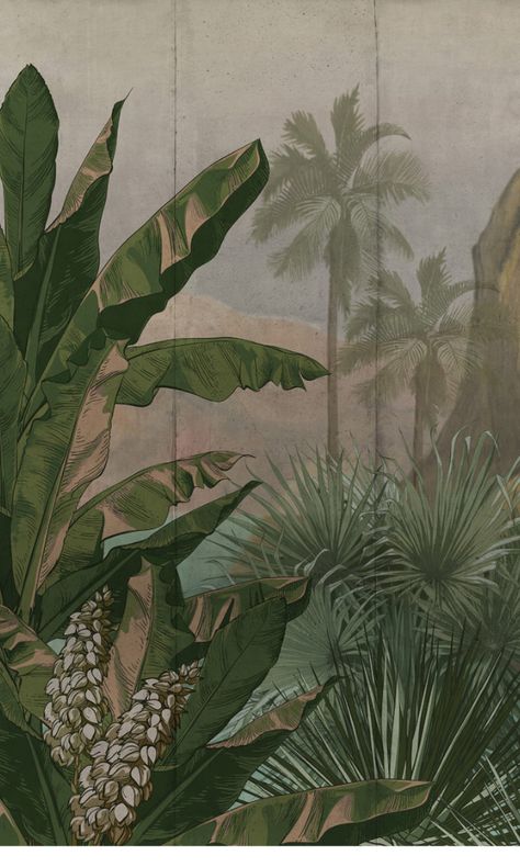 Mountain View Wallpaper, Tropical Mountains, Oil Painting Wallpaper, Mountain And River, Jungle Wall Mural, Beach Wall Murals, Jungle Painting, Tropical Painting, Bedroom Murals