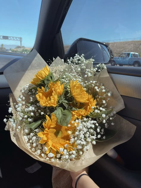 Flowers, sunflowers, anniversary flowers, flower arrangement, baby’s breath, boyfriend, anniversary gift Daisy Prom Bouquet, Sunflowers And Baby Breath, Sunflower And Baby Breath Bouquet, Yellow Flower Bouquet Aesthetic, Baby Breath Flower Arrangements, Daisy And Baby Breath Bouquet, Babys Breath Boquets, Daisys And Sunflowers, Sunflower Bouquet Aesthetic