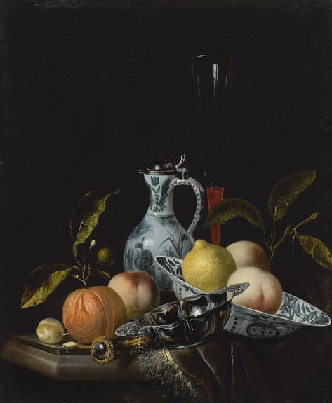 Juriaan van Streek STILL LIFE WITH A CHINESE BLUE AND WHITE PORCELAIN BOWL AND EWER, A SILVER PORRINGER, FRUIT AND OTHER OBJECTS, ON A PARTLY DRAPED TABLE Baroque Artworks, Dutch Still Life, Still Life 2, Chinese Porcelain Vase, European Sculpture, Velvet Cloth, Stone Table, Still Life Fruit, Dutch Painters