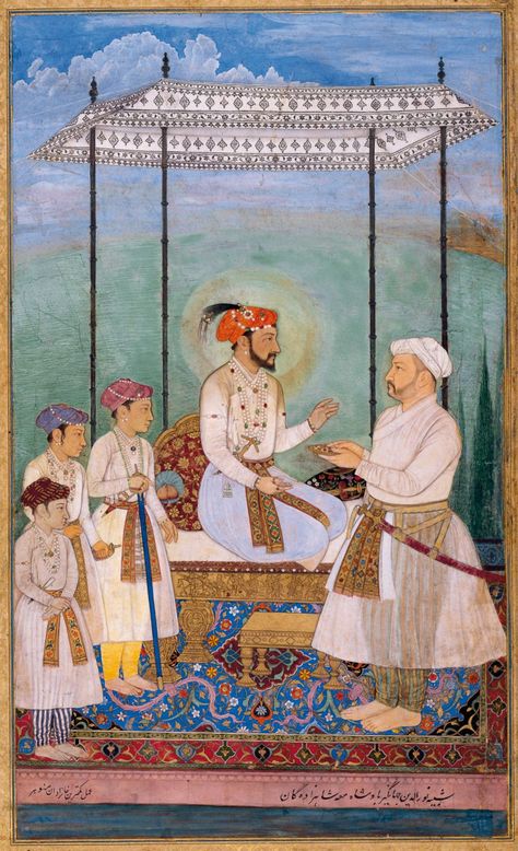 Asaf Khan IV (Grand Vizier of the Mughal Empire) with Shah Jahan and his three sons. Anonymous, c. 1628, Aga Khan Museum Mughal Miniature Paintings, Shah Jahan, Mughal Art Paintings, South Asian Art, Mughal Paintings, Mughal Empire, Indian Painting, Ancient India, Indian Art Paintings