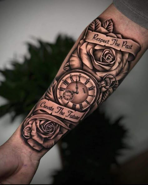 Clock Tattoo Ideas Men, Best Men’s Tattoo Sleeves, Clock And Rose Tattoo Design For Men, Mens Tattoos Thigh, Man Sleeve Tattoo, Sleave Ideas Men, Men Tattoo Ideas Sleeve, Men Sleeve Tattoos, Best Sleeve Tattoos Men