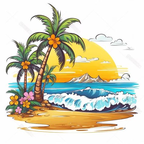 Premium Photo | Tropical beach with a tropical island and palm trees. Coco Beach Florida, Palm Trees Illustration, Island Drawing, Palm Tree Clip Art, Light Posts, Beach Sublimation, Palm Tree Drawing, Island Tattoo, Island Poster