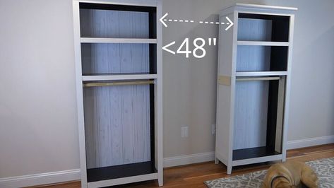 Diy Closet With Bookcase, Build A Closet Wall, Bookcase Clothes Storage, Book Case Closet Ideas, How To Build A Wardrobe Closet, Free Standing Coat Closet, Bookcase Into Closet, Build A Closet In A Small Room, Standing Wardrobe Ideas