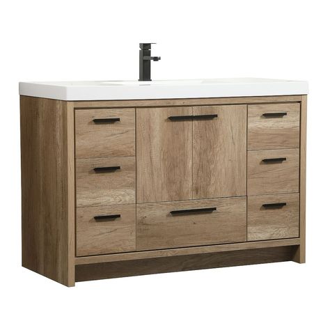 Donovan Single Bathroom Vanity, 48", Natural Oak | West Elm 48" Vanity, 30 Vanity, Resin Countertops, Integrated Sink, Bathroom Vanities For Sale, Sink Design, Storage Area, Elegant Lighting, Bathroom Hardware