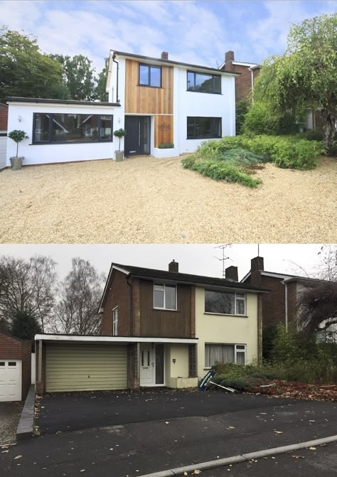 Facelift and full refurb of 1960’s detached house in Southampton. Garage conversion, full render, new windows in RAL7016, cladded in red cedar. 1970s House Remodel, 1970s House Renovation, 1960s House Renovation, Rendered Houses, Renovation Exterior, 1970s House, Exterior House Renovation, 1960s House, 70s House