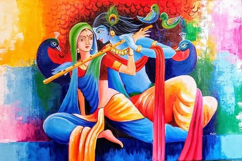 Radha Krishna Canvas, Canvas Without Frame, Indian Wall Art, Modern Art Canvas Painting, Original Canvas Painting, Indian Painting, Ganesha Painting, Krishna Radha Painting, Radha Krishna Love