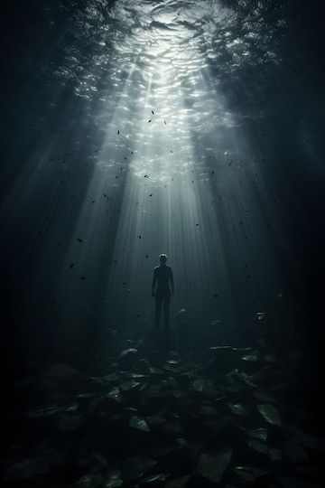 Premium Photo | Underwater Mystery in the Ocean Depths Creepy Ocean, Dark Underwater Art, Dark Underwater, Underwater Digital Art, Scary Underwater Art, Underwater Lighting, Scary Underwater Pics, Scary Ocean, Underwater Dark Ocean