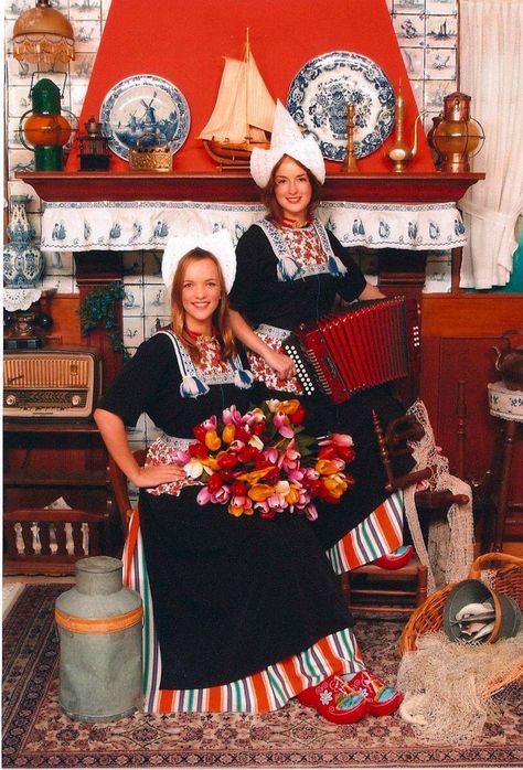 Girls in Dutch costume Amsterdam Packing List, Las Vegas Club Outfits, Vegas Club Outfits, Motorcycle Riding Outfits, Dutch Clothing, Amsterdam Winter, Vintage Girl Names, Dutch Costume, Dutch Clogs