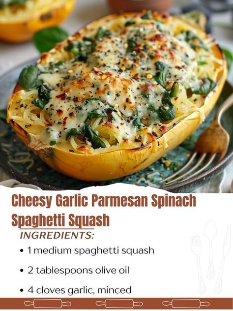 Heavenly Recipes Hub Spinach Spaghetti Squash, Garlic Parmesan Spaghetti, Garlic Parmesan Spaghetti Squash, Health Food Recipes, Spinach Spaghetti, Healthy Squash Recipes, Parmesan Spaghetti Squash, Parmesan Spinach, Spaghetti Squash Recipes Easy