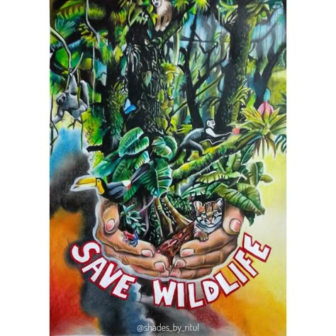 Save wildlife #primsmacolors Save Wildlife Drawing, Wildlife Conservation Poster Drawing, Wildlife Posters Ideas, Life On Land Poster Drawing, Save Wild Life Poster Drawing, Biodiversity Painting, Save Forest Poster Drawing, Biodiversity Poster Drawing, Save Wildlife Poster Drawing