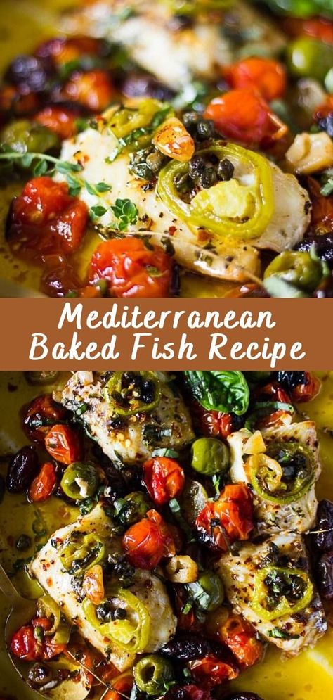 Mediterranean Baked Fish Recipe - Cheff Recipes Mediterranean Diet Salmon Dinner, Greek Style Fish Recipe, Fish Entree Recipes, Meditterean Fish Recipes, Mediterranean Diet Mexican Recipes, Fish And Beans, Low Cholesterol Seafood Recipes, Medeteranian Recipes Dinners Easy, Mediterranean Grilled Fish